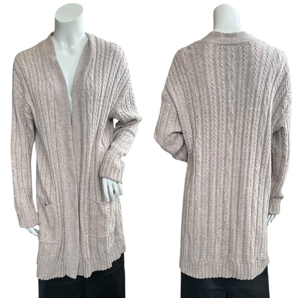 J Jill Taupe Beige Taupe Open Longline Cable Knit Wool Blend Cardigan Size Large